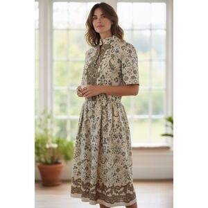 Florentine Vintage Midi Dress Womens Cream Paisley Floral Mandarin Collar Size L